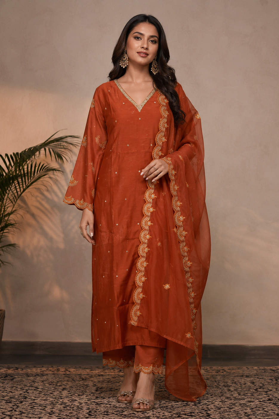 Rust Orange Embellished Mul Chanderi Pant Set