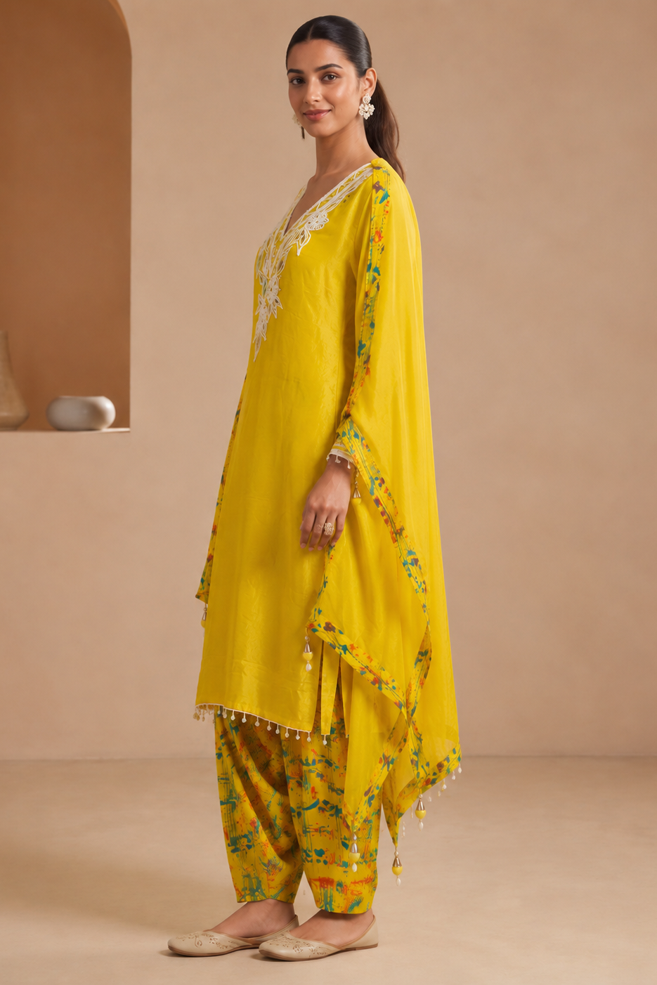Citrine Yellow Printed Viscose Crepe Pant Set