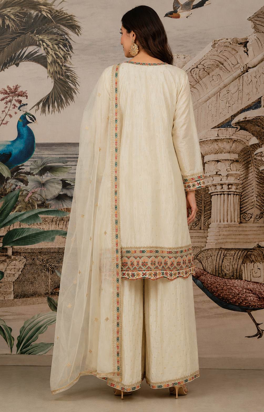 Vanilla Embroidered Shimmer Tissue Silk Palazzo Set