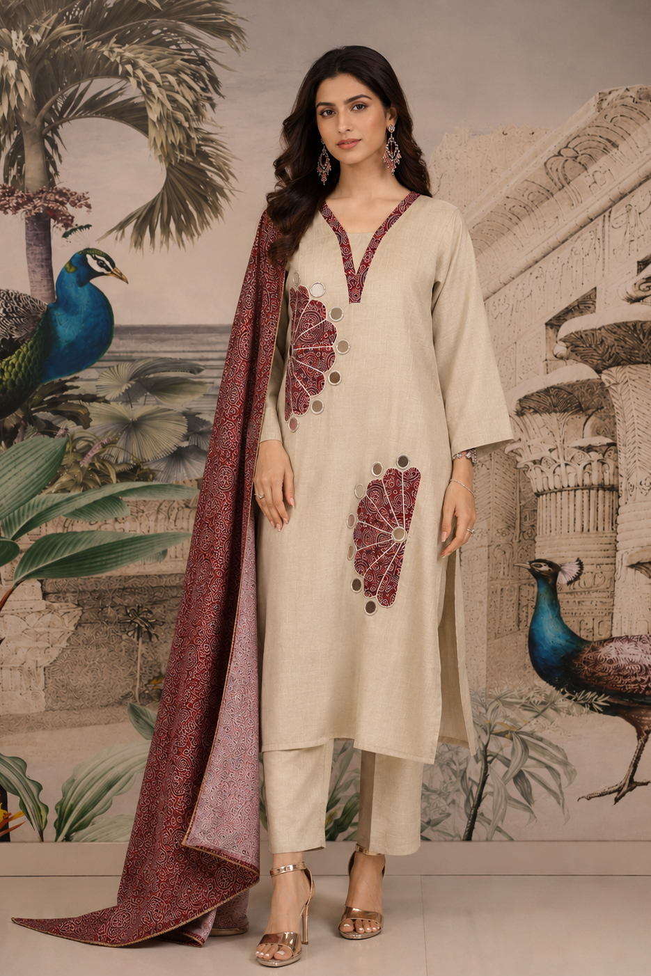 Burgundy Beige Printed Jamdani Silk Pant Set
