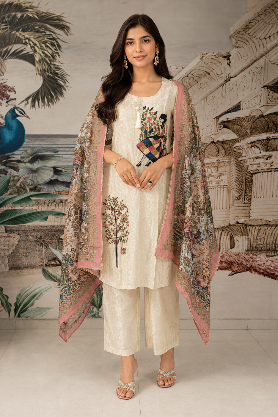 Whisp White Embroidered Shimmer Silk Pant Set