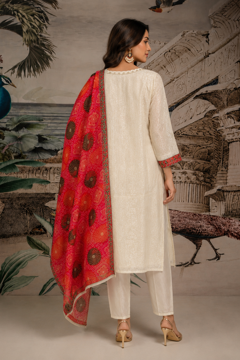 Pearl White Embroidered Viscose Silk Pant Set