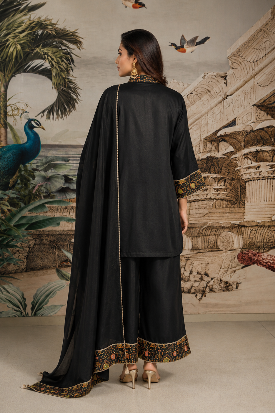 Black Embroidered Viscose Crepe Silk Pant Set