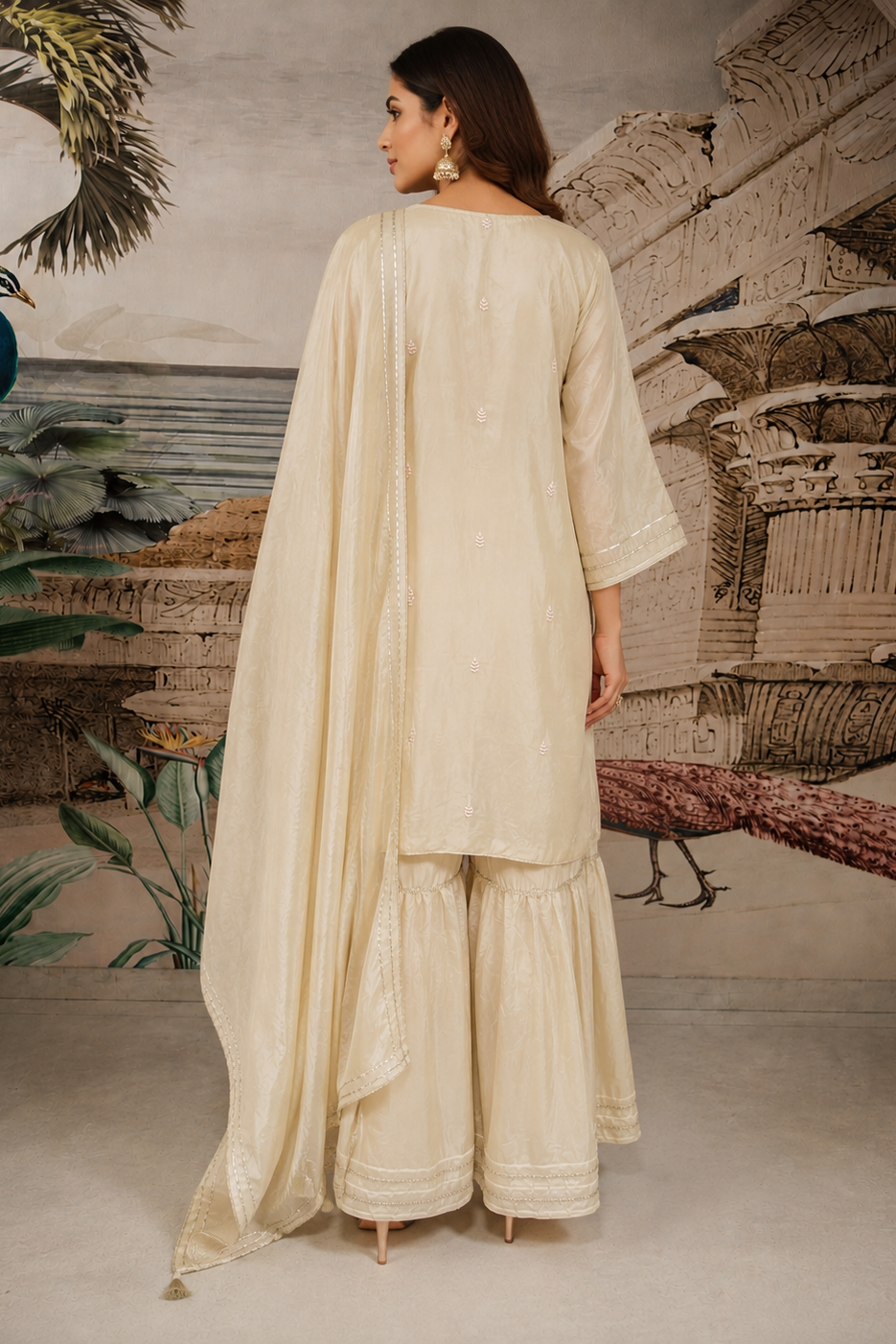 Pastel Cream Embellished Viscose Sharara Set