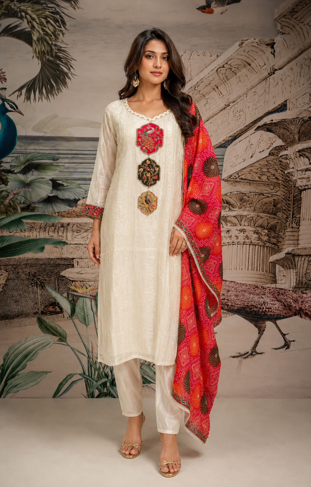 Pearl White Embroidered Viscose Silk Pant Set