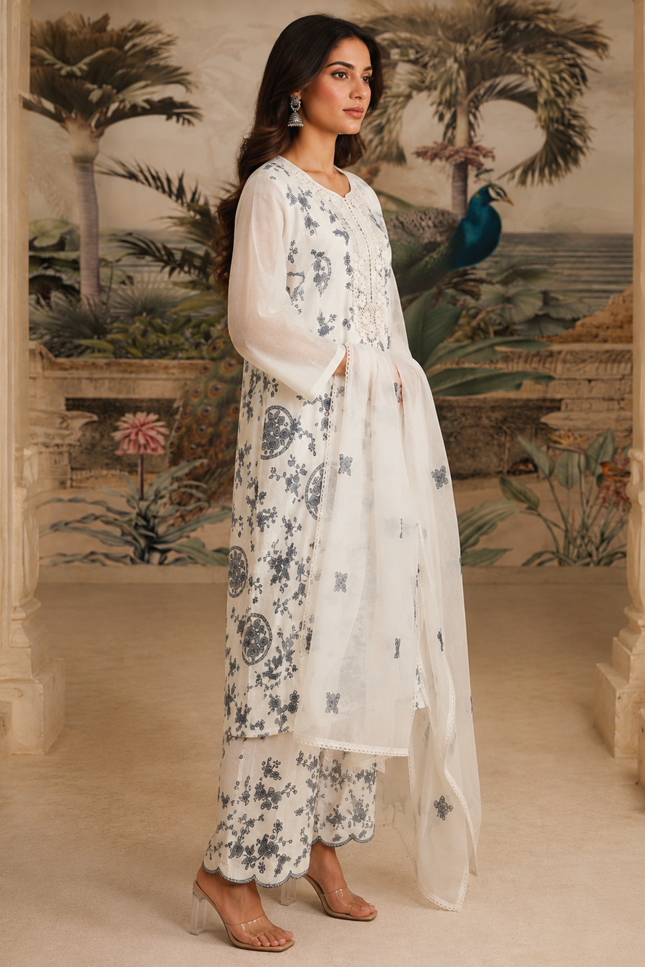 Off White Floral Embroidered Cotton Pant Set