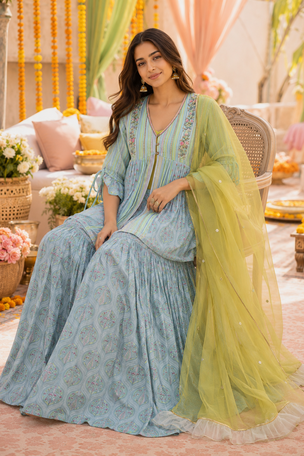Powder Blue Printed Chanderi Silk Sharara Set