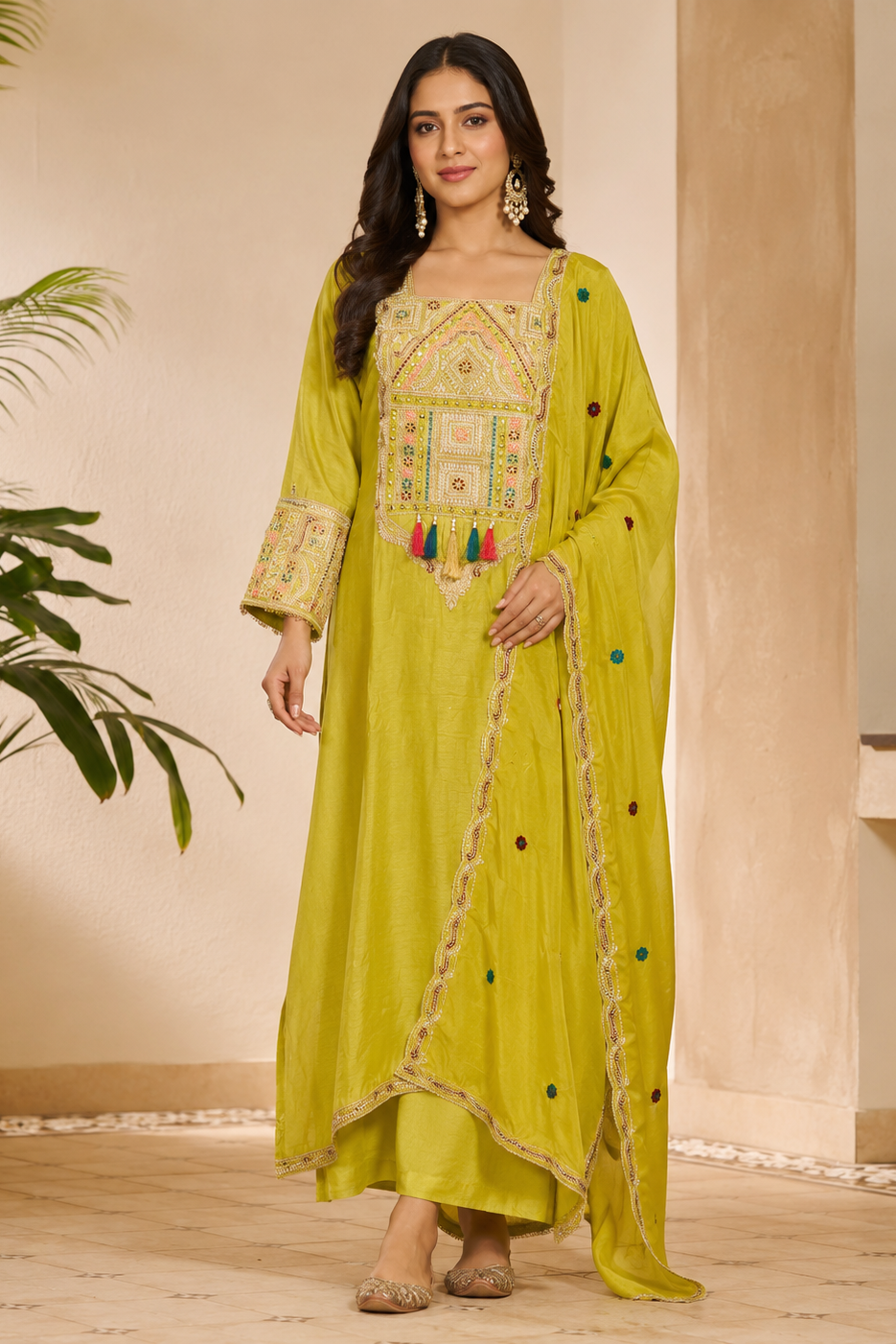 Lime Green Embroidered Russian Silk Pant Set