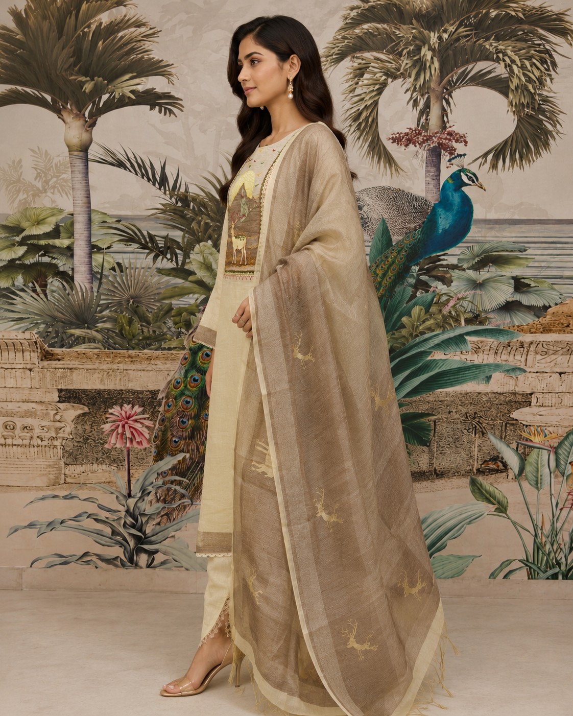 Cream Printed Jamdani Silk Pant Set