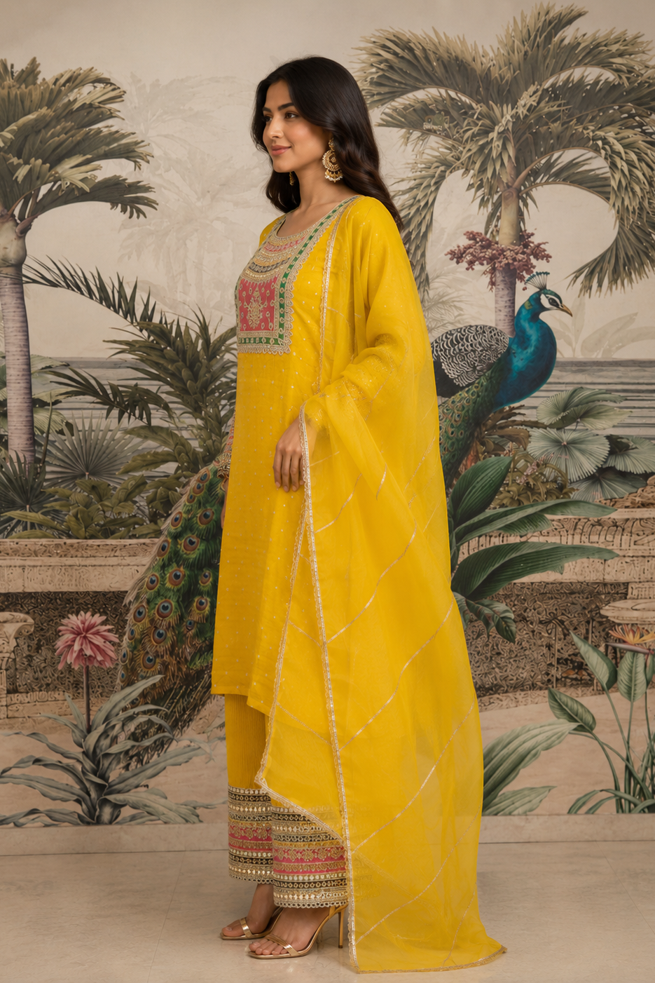 Canary Embroidered Shimmer Jacquard Palazzo Set
