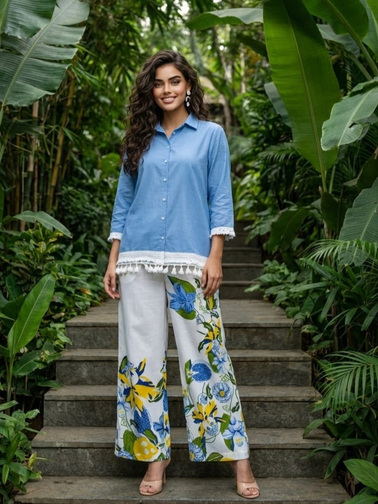 Sky Blue & White Tropical Printed Cotton Co-ord Set