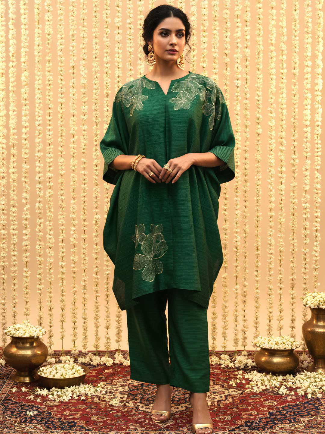 Bottle Green Embroidered Premium Silk Kaftan Set
