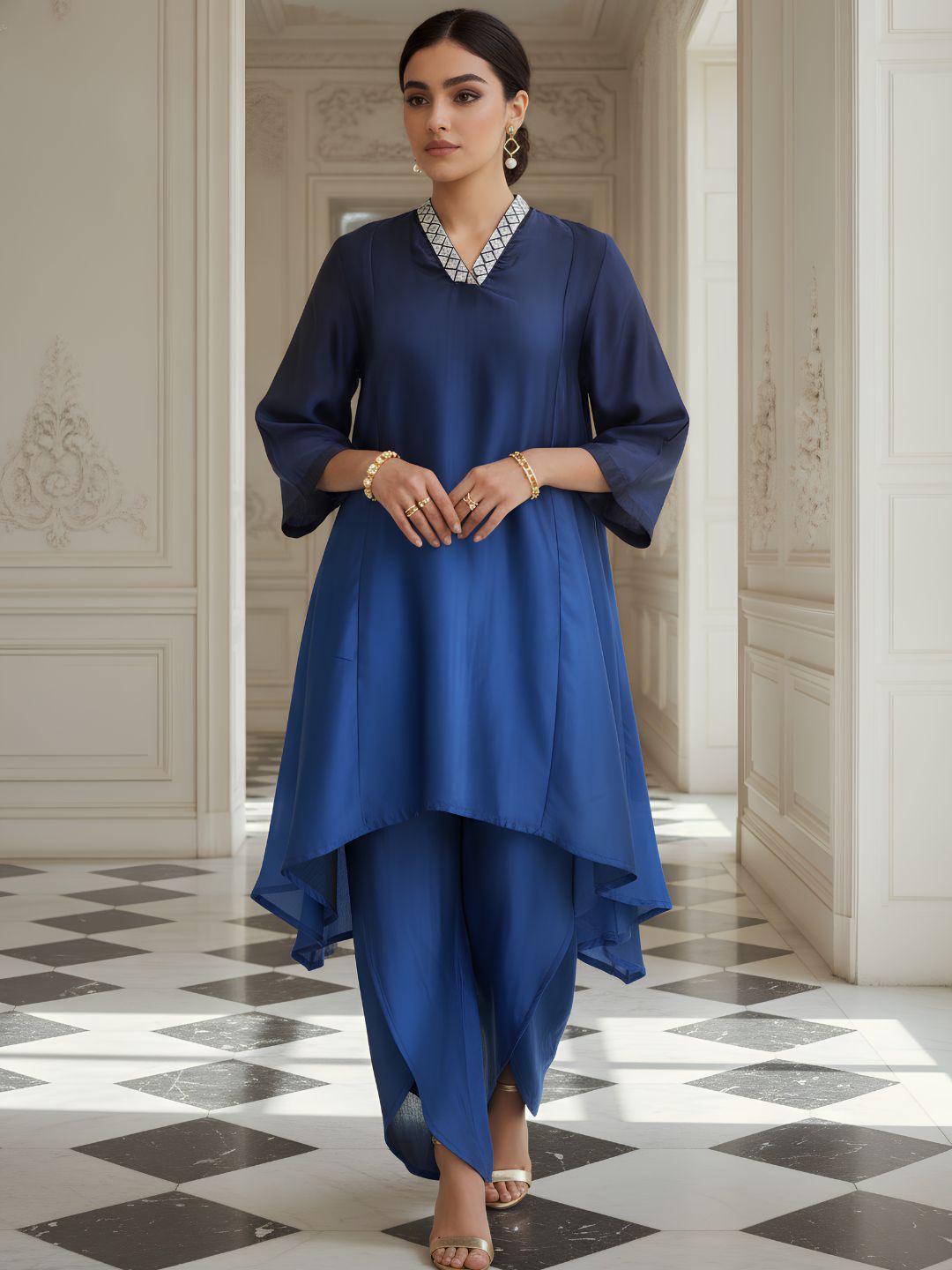Navy Blue Embellished Poly Silk Co-Ord Set