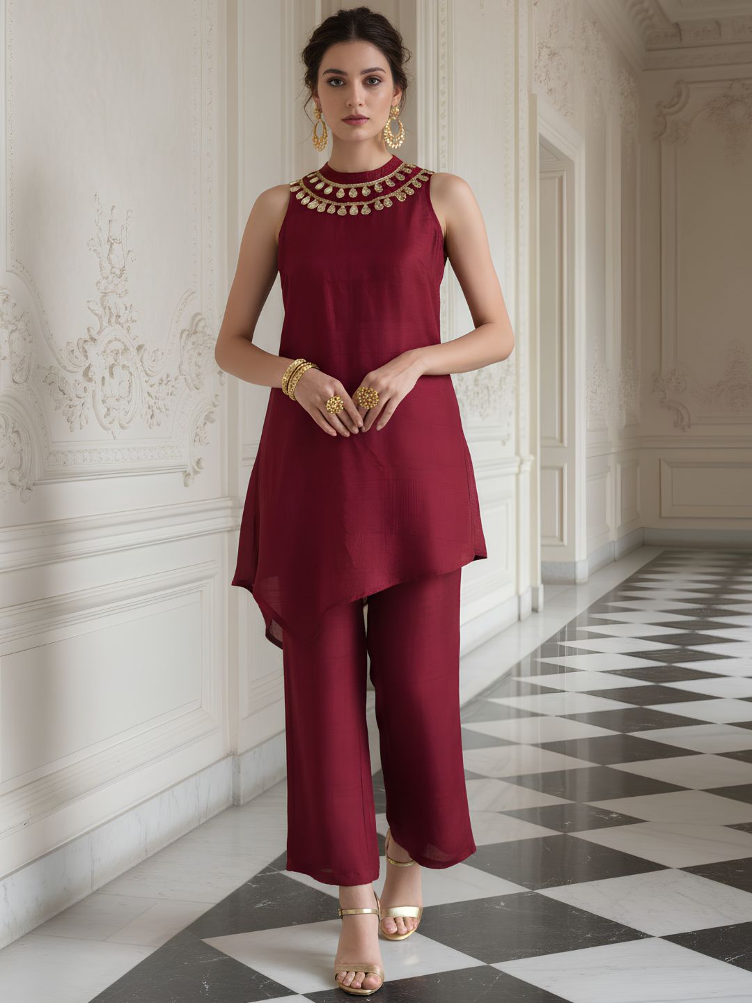 Luxe Maroon Embellished Premium Silk Co-Ord Set
