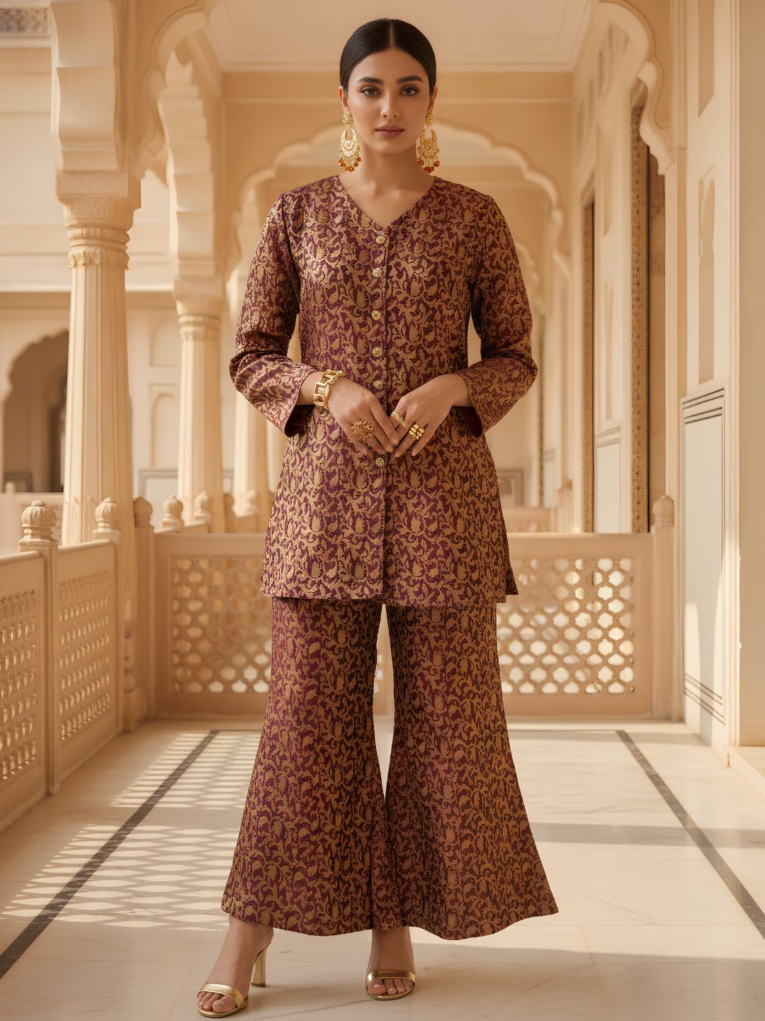Deep Plum Embroidered Jacquard Silk Co-Ord Set