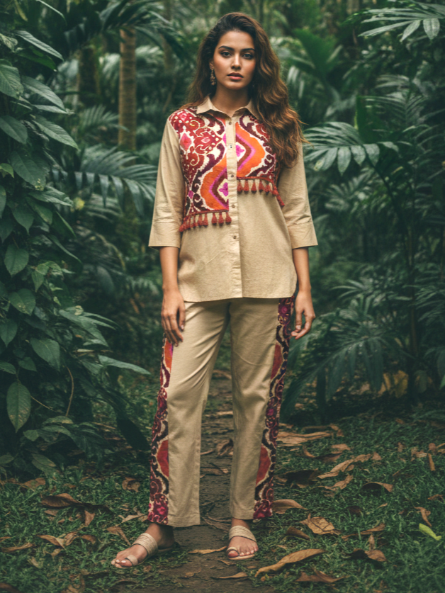 Beige & Multicolor Ikat Print Cotton Co-ord Set