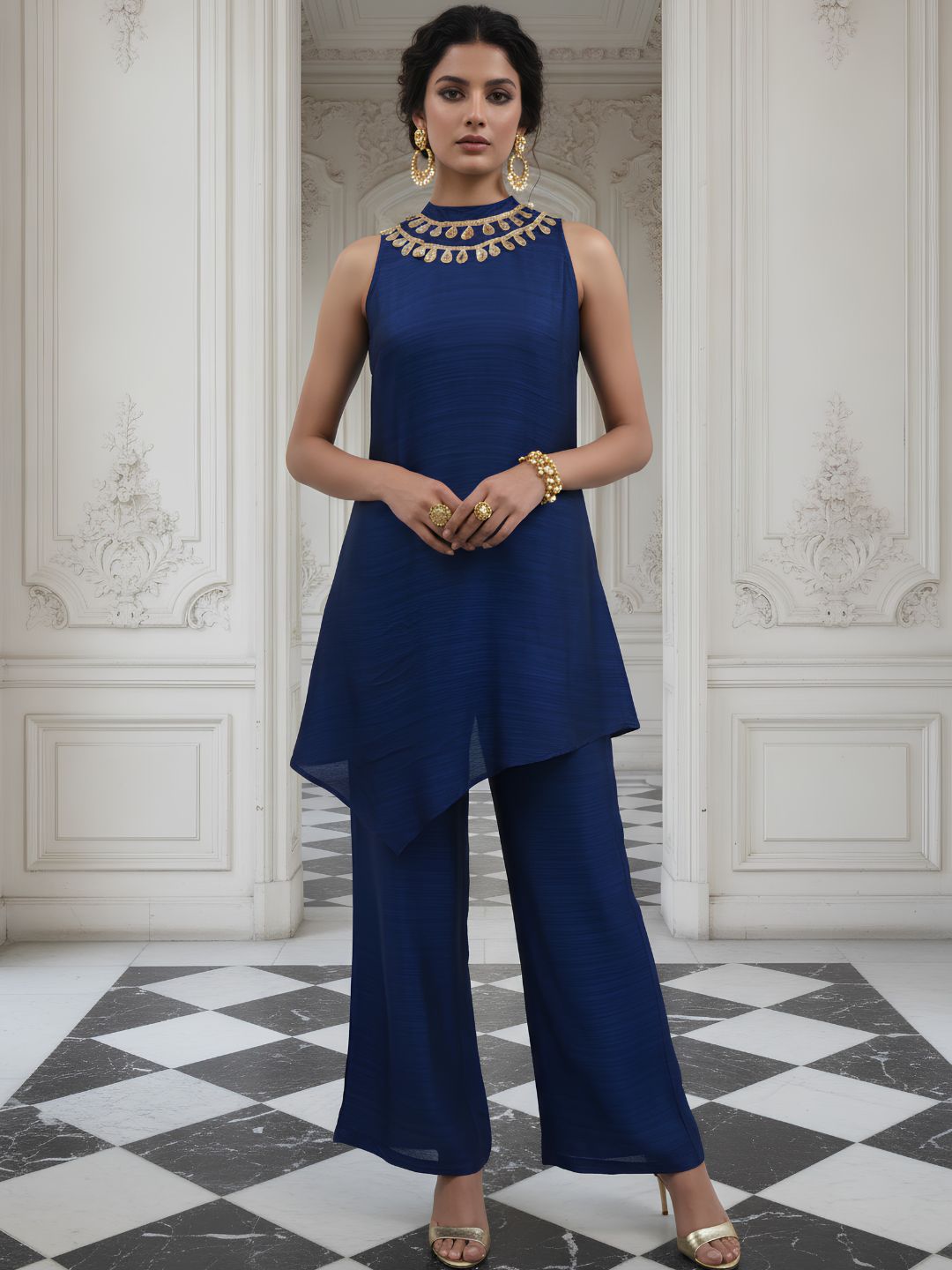 Luxe Navy Embellished Premium Silk Co-Ord Set
