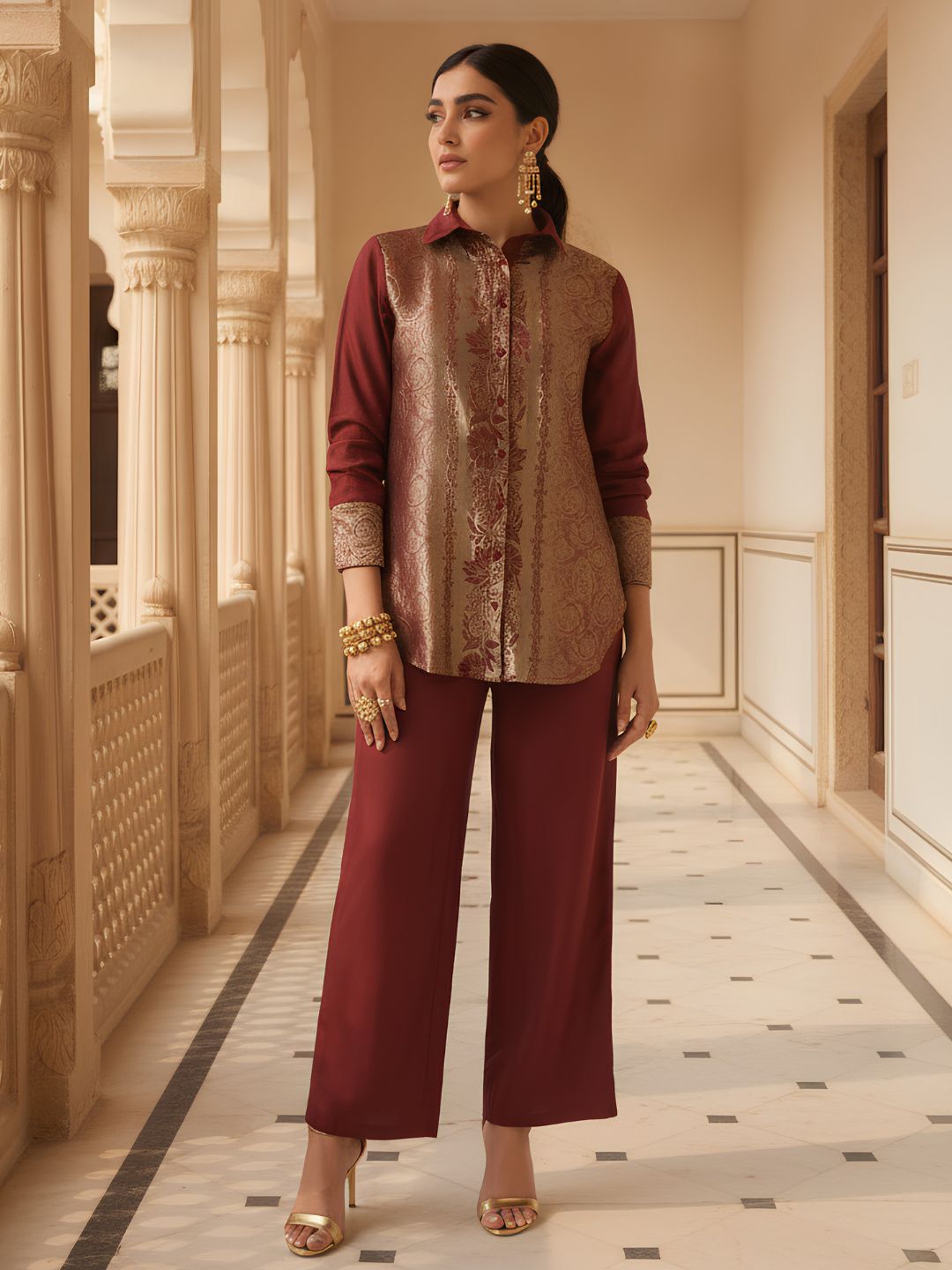 Deep Maroon Embroidered Banarasi Silk Co-Ord Set