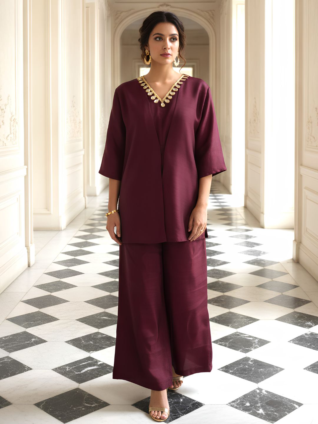 Maroon Muse Embellished Premium Silk Co-Ord Set