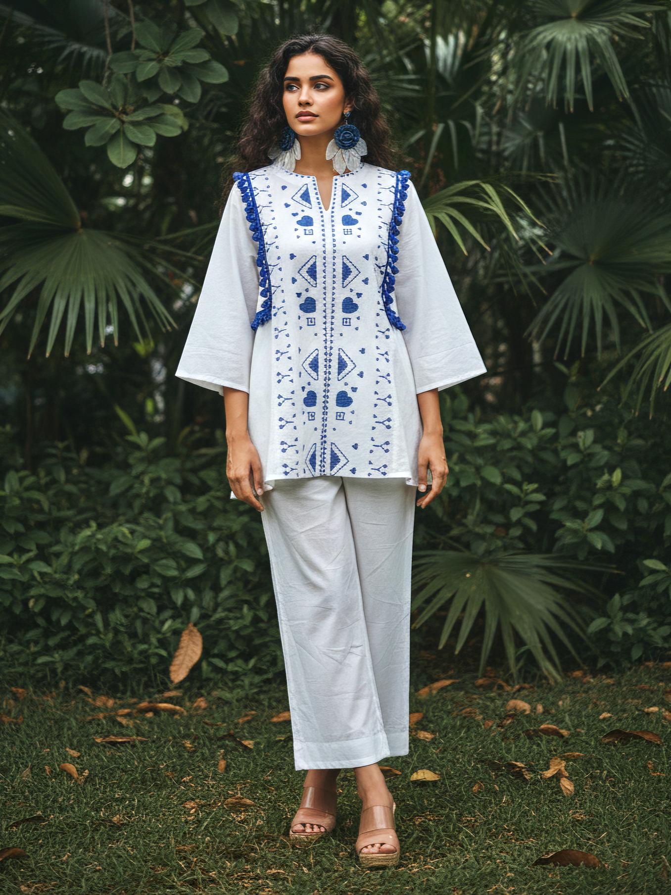 White & Blue Geometric Embroidered Cotton Co-Ord  Set