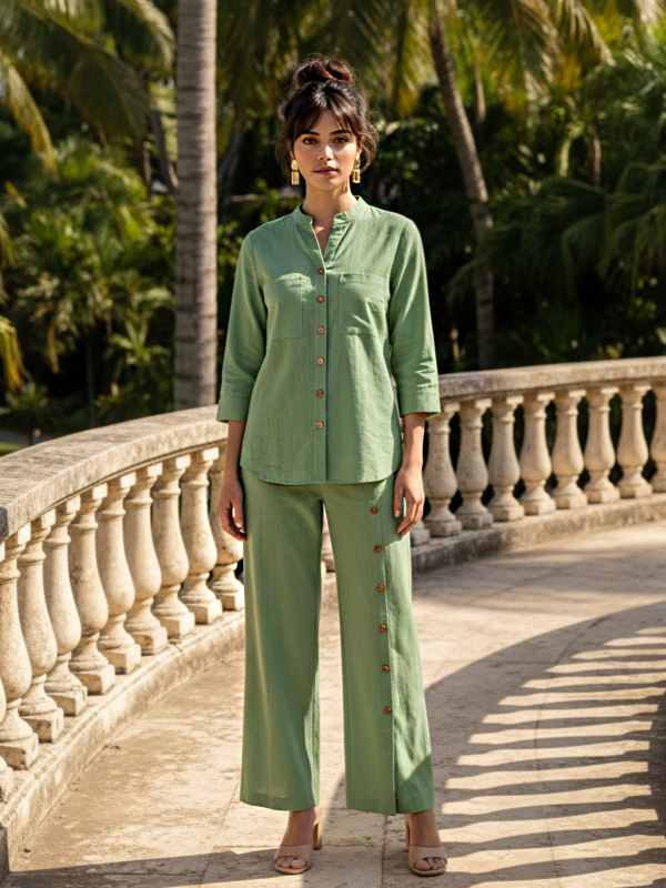 Sage Green Button-Down Cotton Co-ord Set