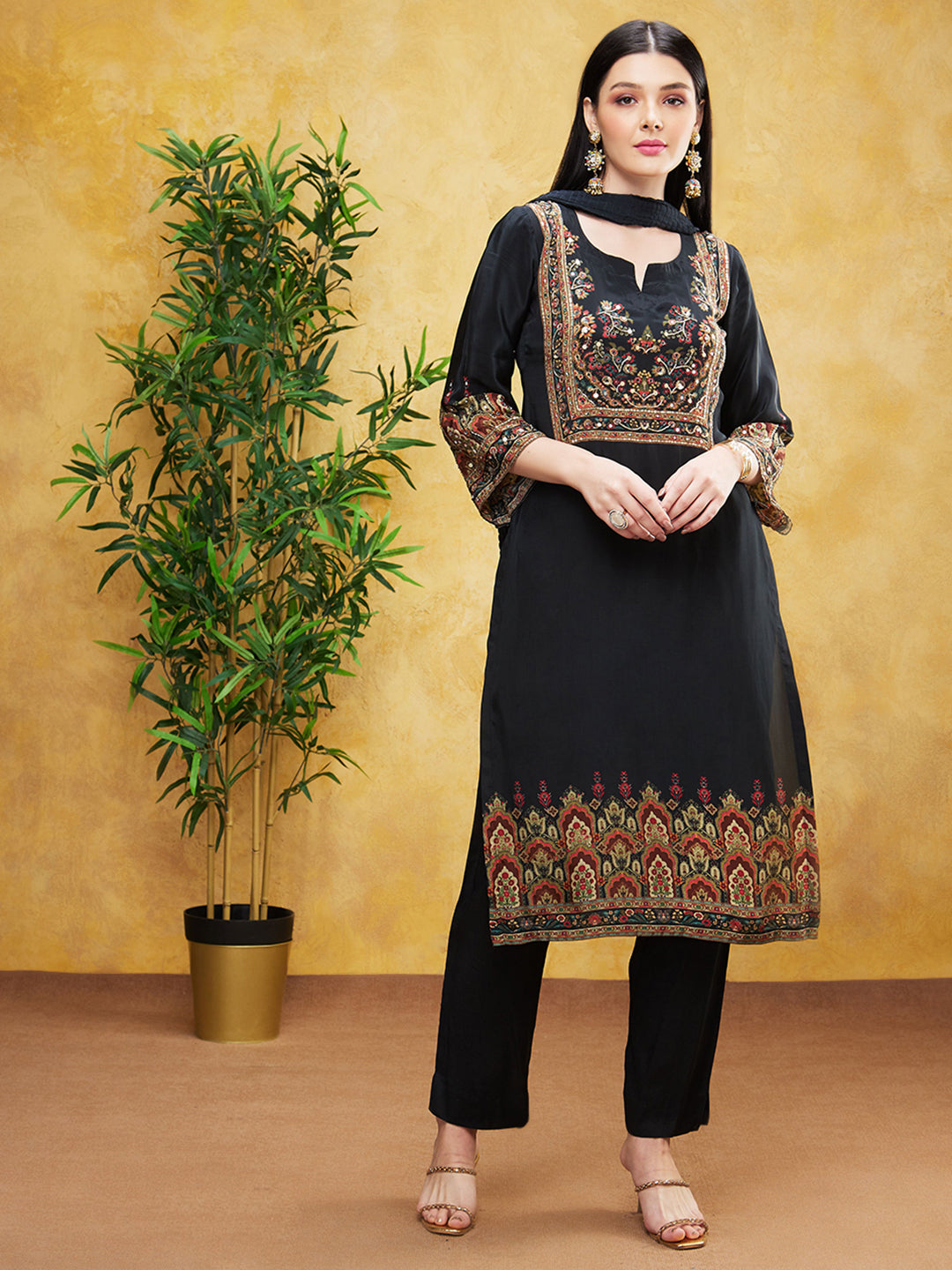 Black Ethnic Printed Habutai Silk Pants Set