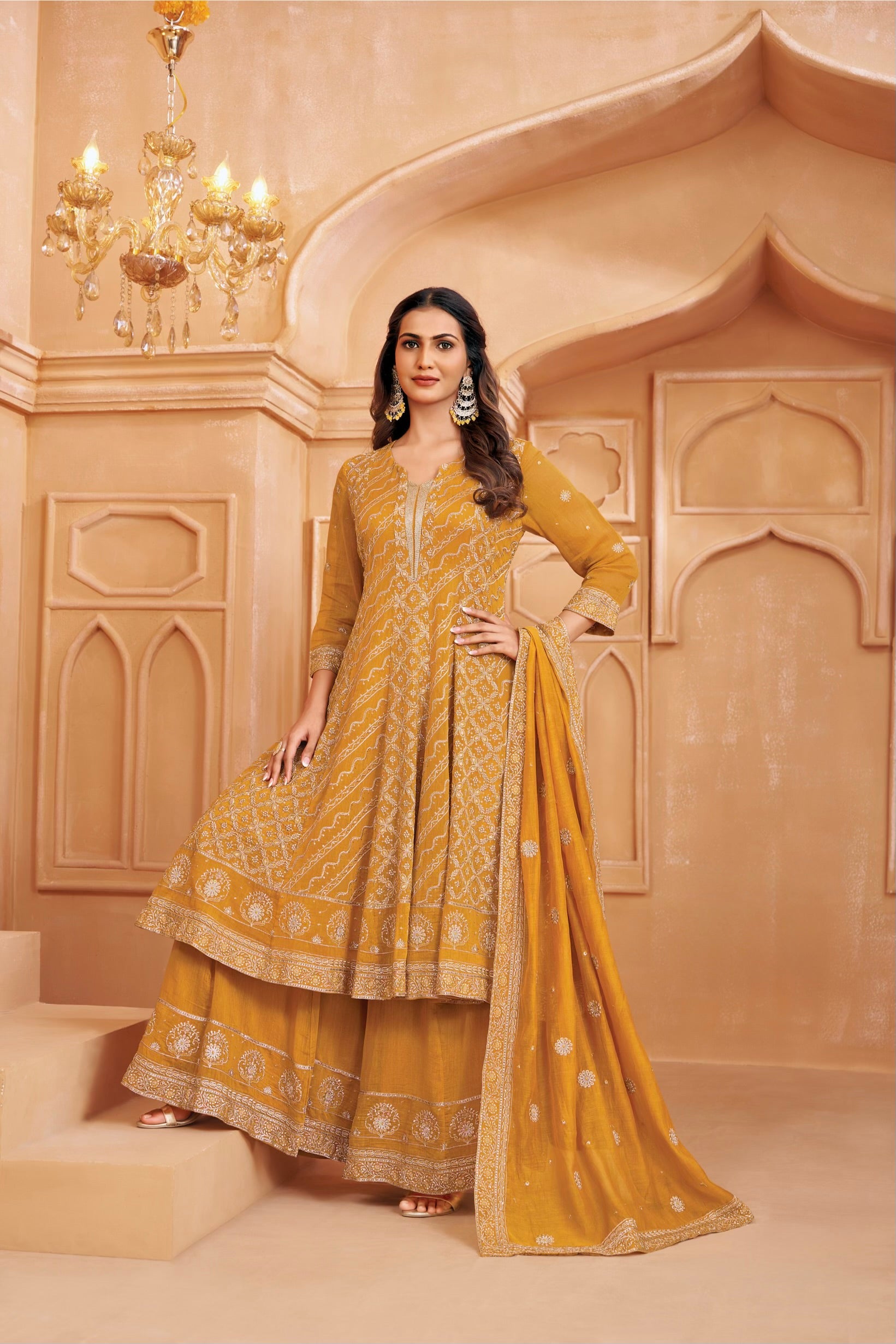 Mustard Embroidered Chanderi Silk Anarkali Set