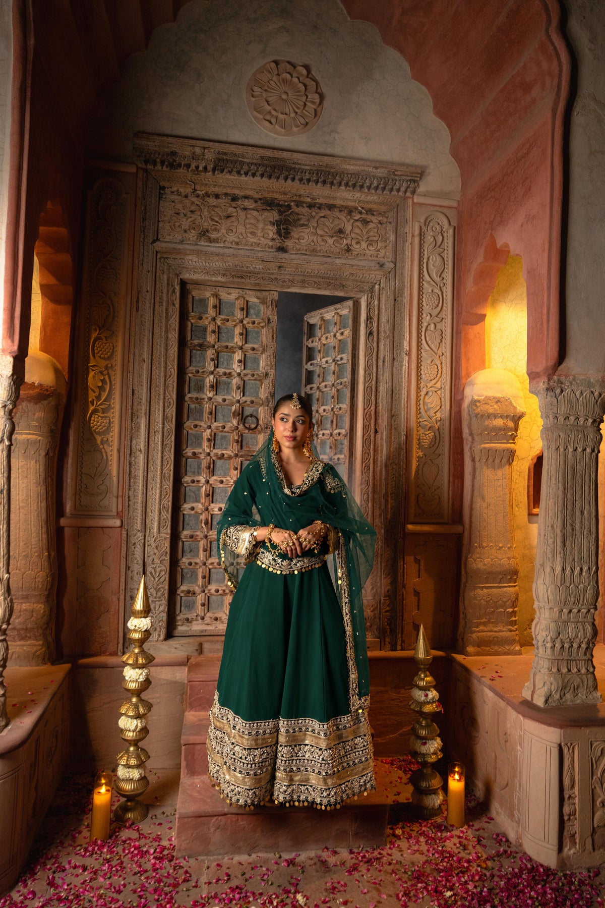 Bottle Green Embellished Georgette Silk Anarkali Set