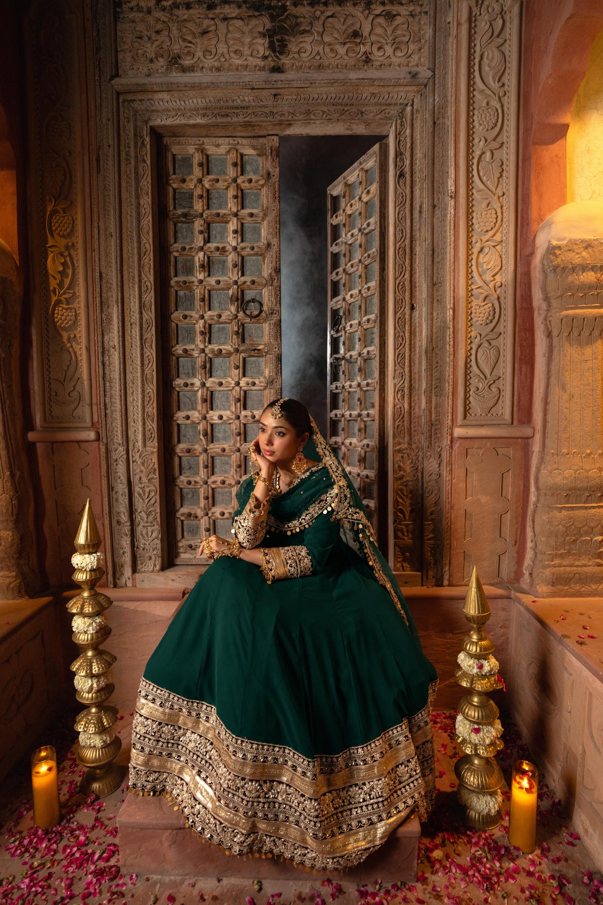 Bottle Green Embellished Georgette Silk Anarkali Set