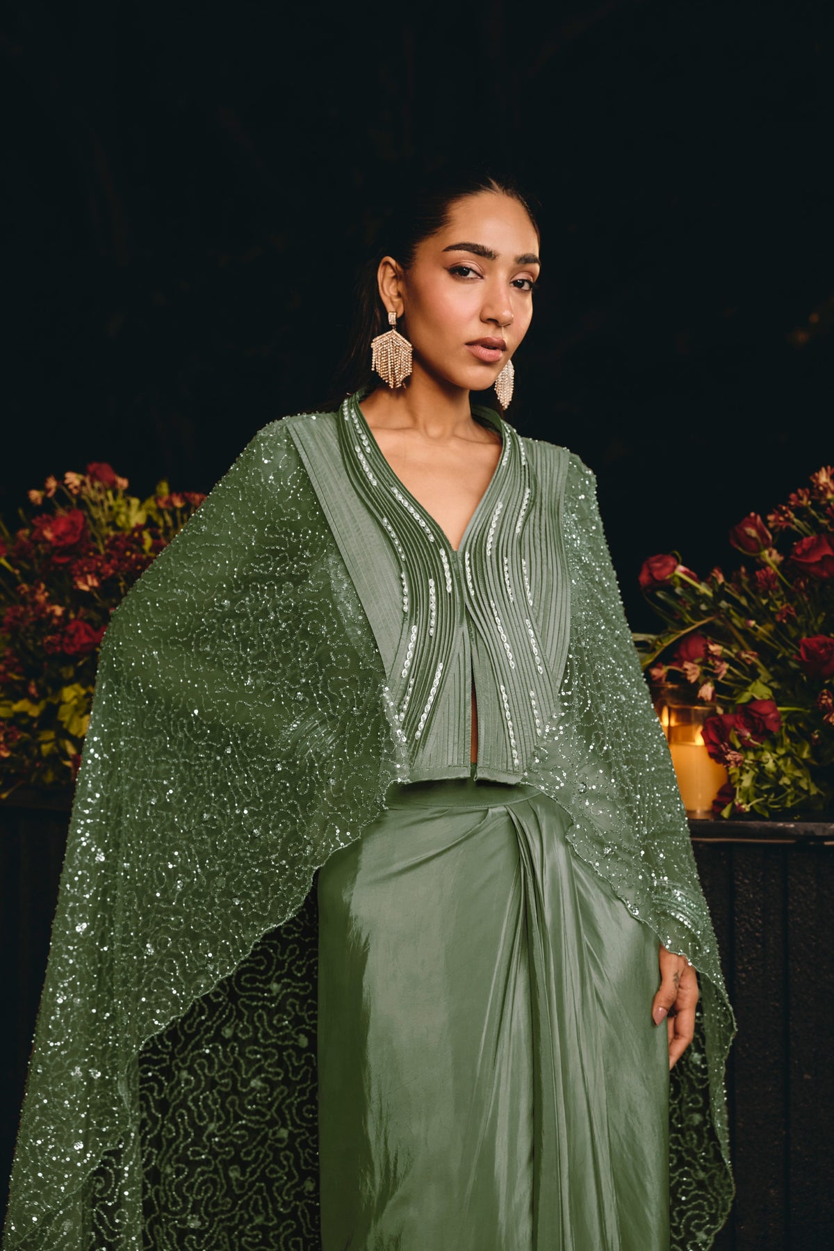 Sage Green Embellished Premium Net Kaftan Set