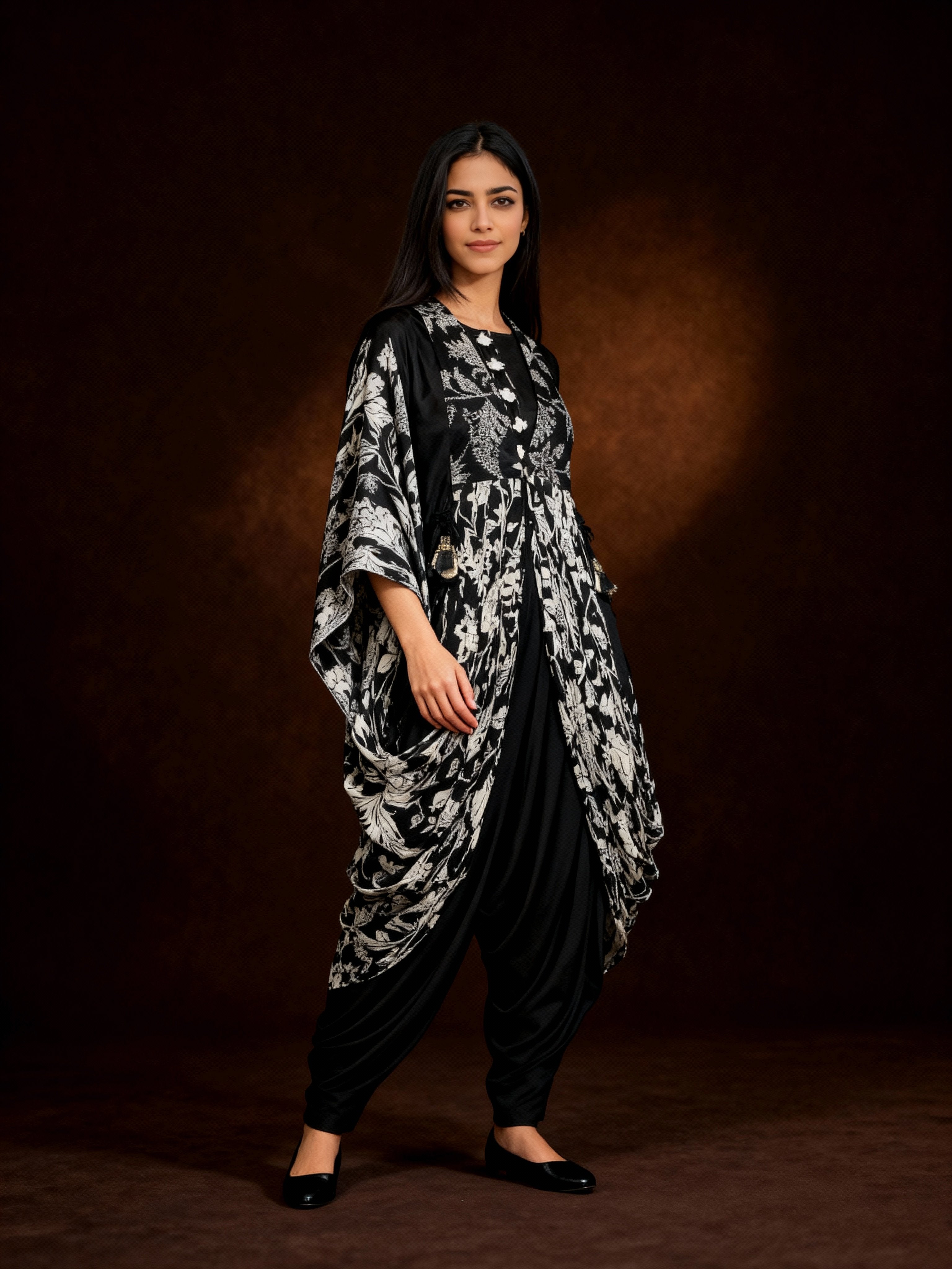 Black and White Printed Chinon Silk Dhoti Set