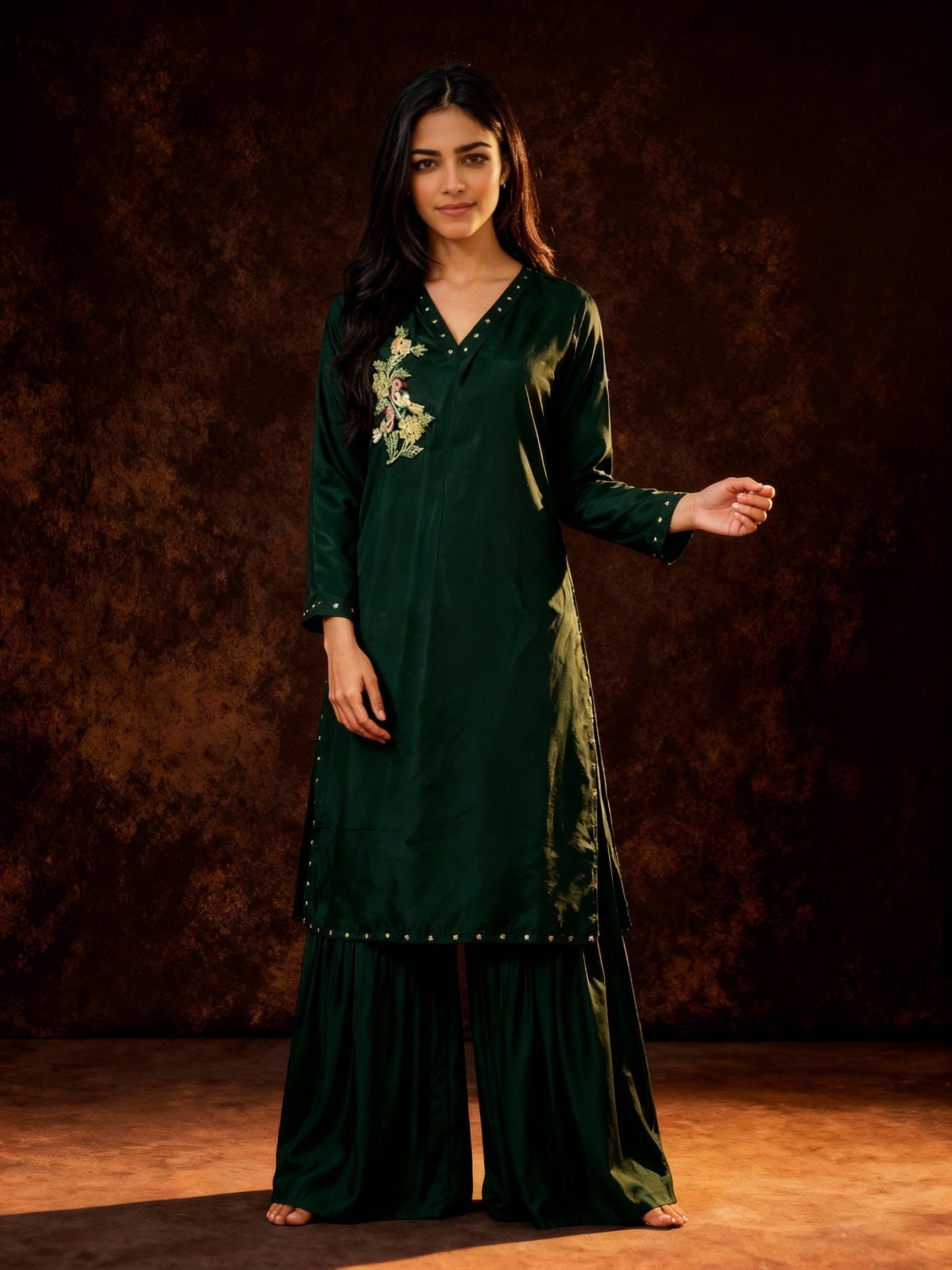 Deep Green Embellished Satin Silk Kurta Set