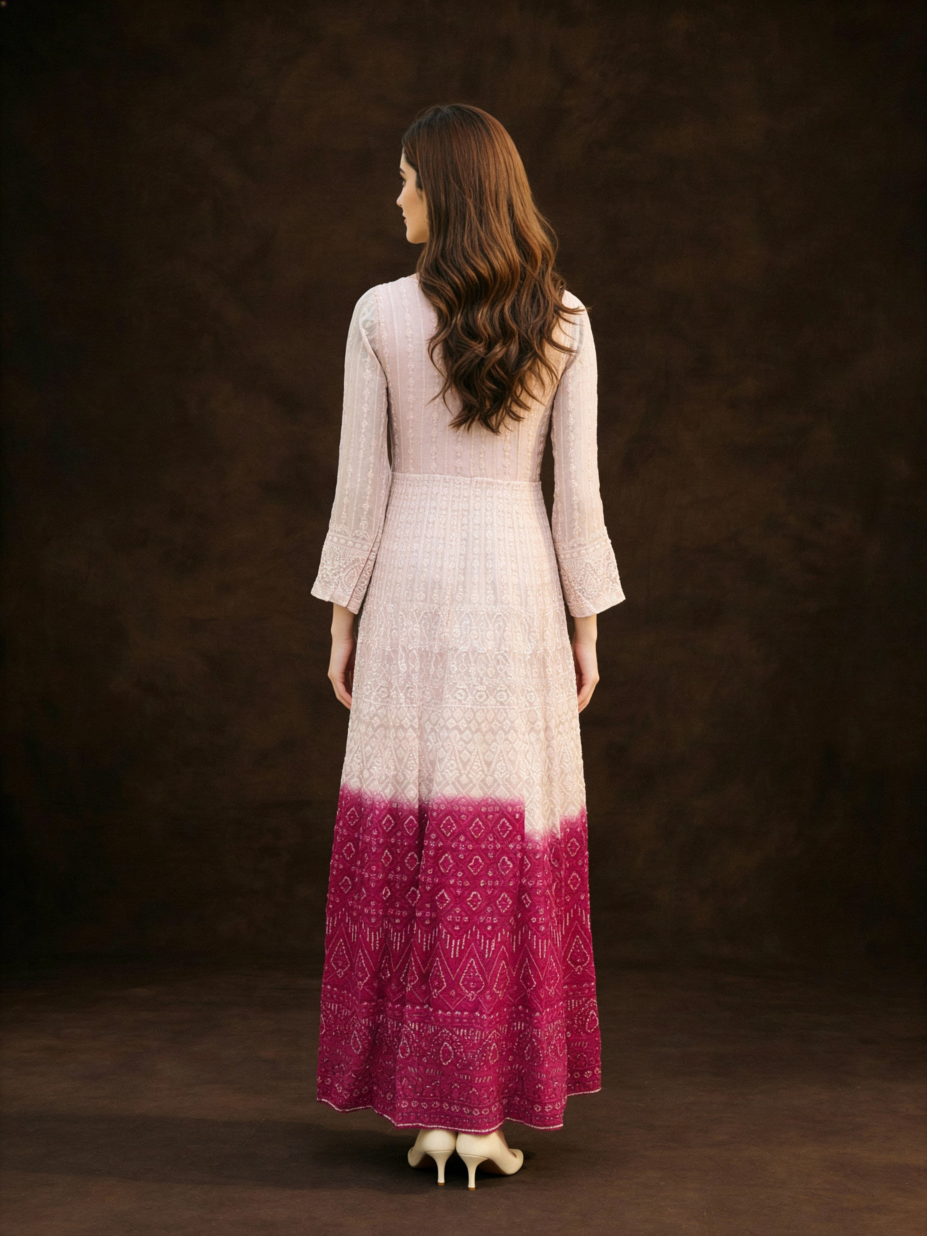 Pink Ombre Embellished Georgette Silk Anarkali Set