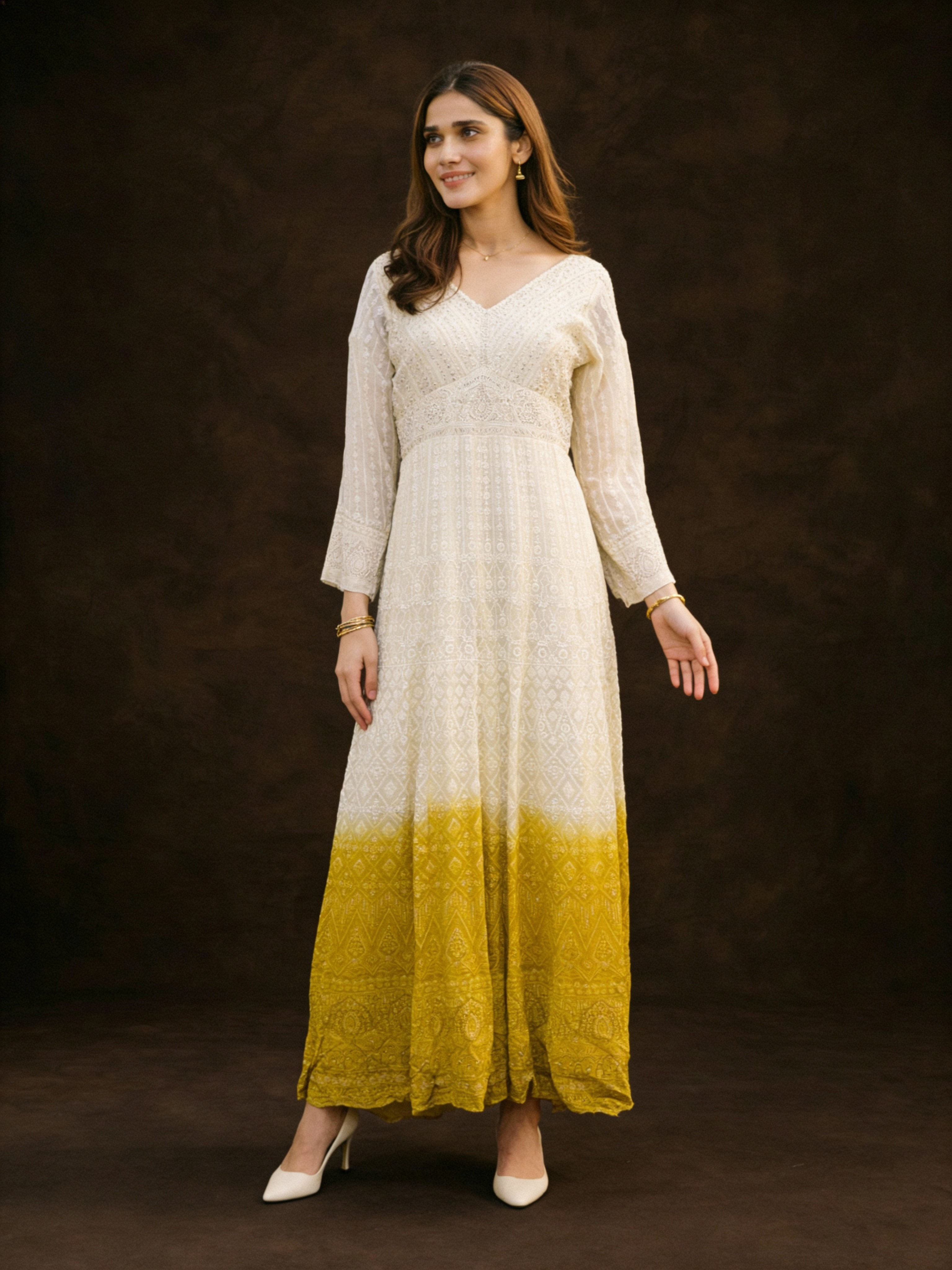 Yellow Ombre Embellished Georgette Silk Anarkali Set