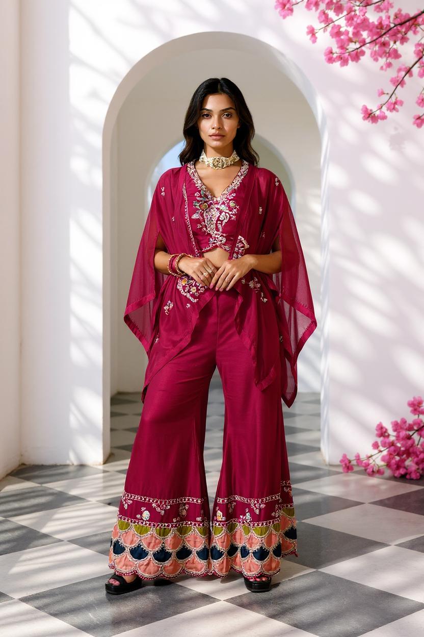 Deep Maroon Embellished Viscose Silk Cape Set