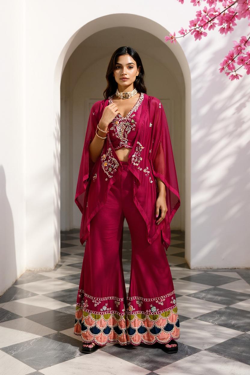 Deep Maroon Embellished Viscose Silk Cape Set