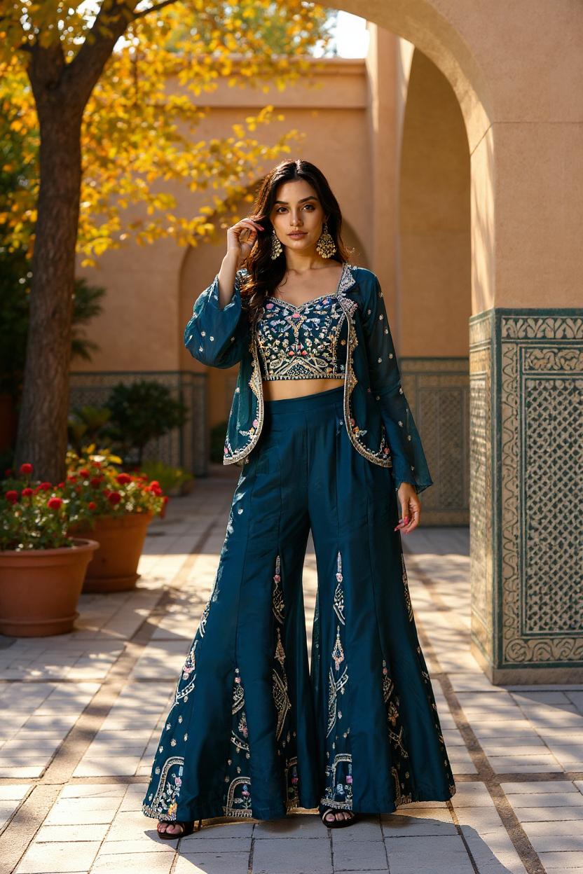 Teal Blue Embellished Viscose Silk Sharara Set