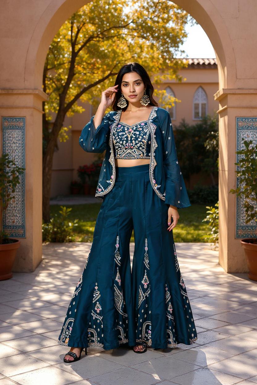 Teal Blue Embellished Viscose Silk Sharara Set