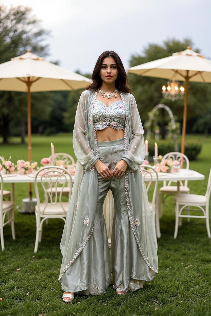 Bright Grey Embellished Viscose Silk Cape Set