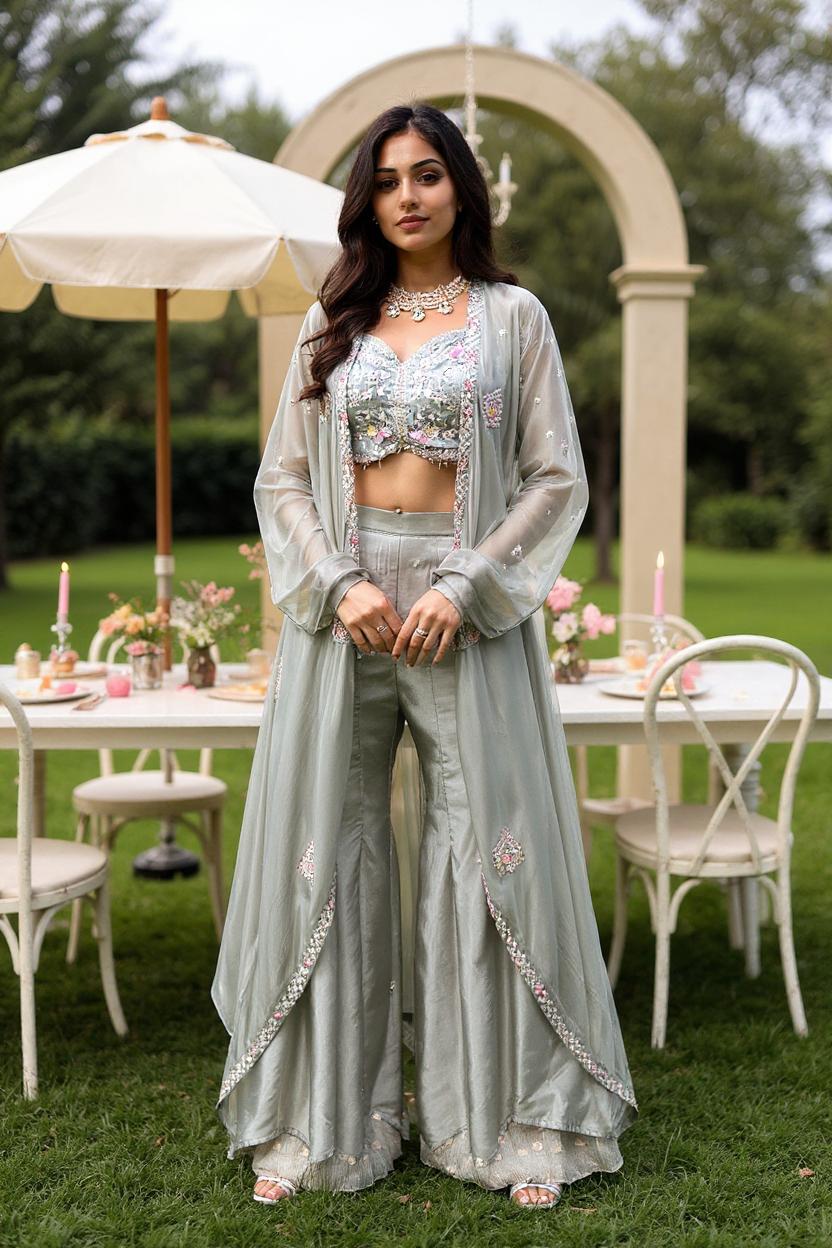 Bright Grey Embellished Viscose Silk Cape Set