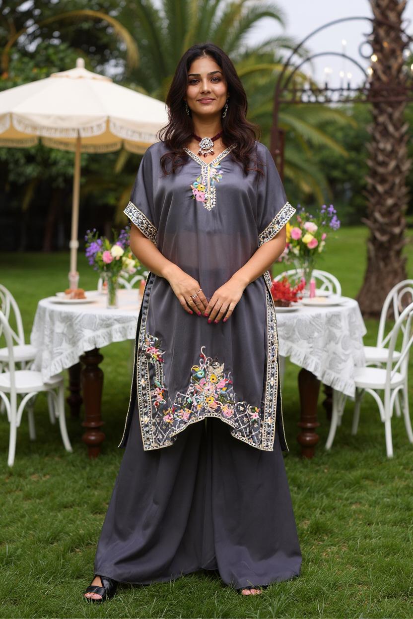 Deep Grey Embellished Viscose Silk Palazzo Set