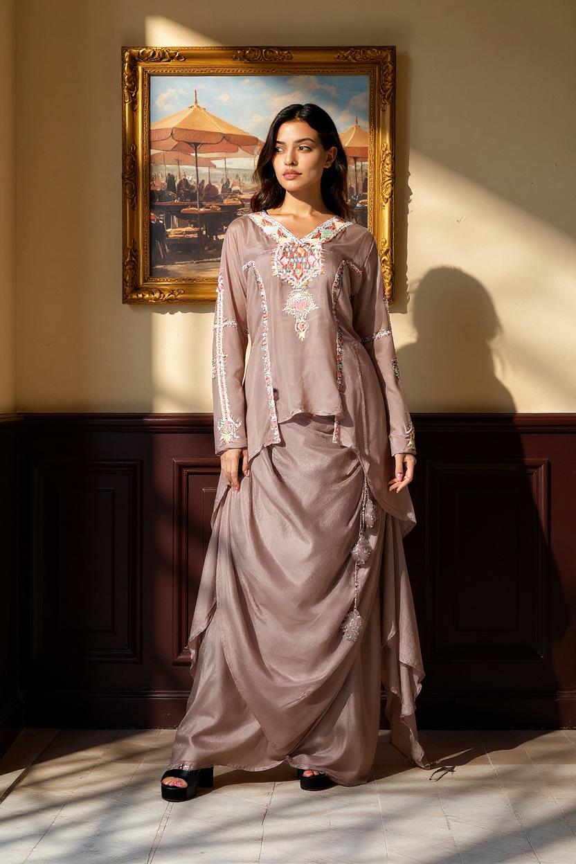 Almond Moss Embellished Viscose Silk Skirt Set