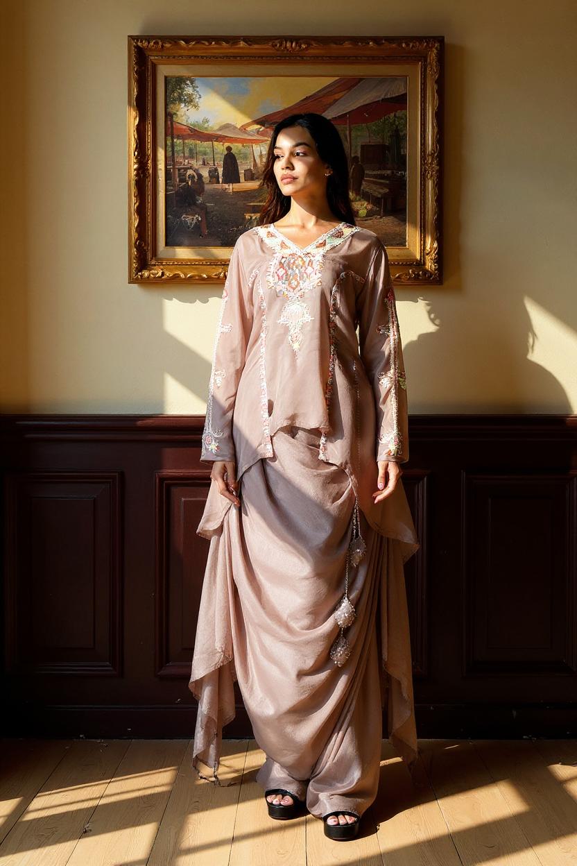 Almond Moss Embellished Viscose Silk Skirt Set