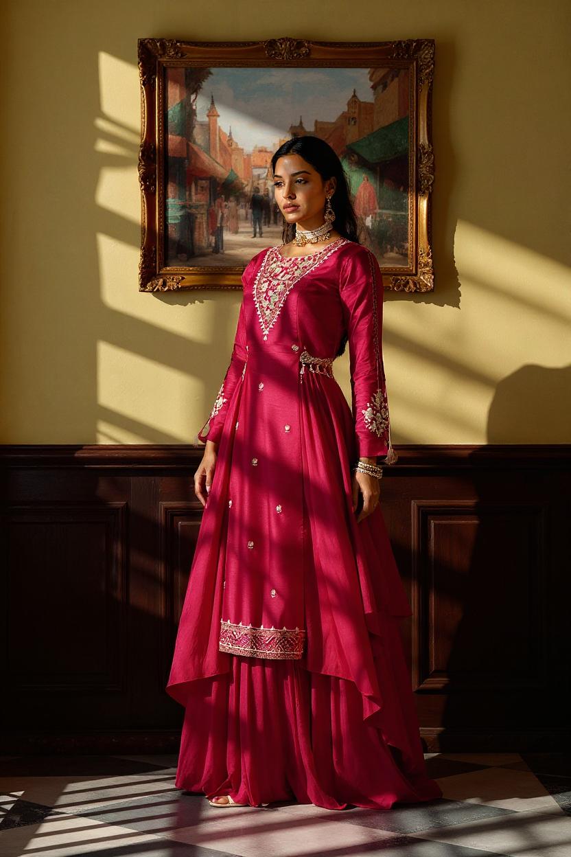 Cherry Red Embellished Viscose Silk Skirt Set