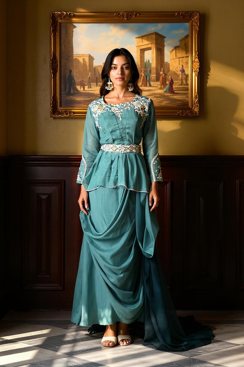 Aqua Blue Embellished Viscose Silk Skirt Set