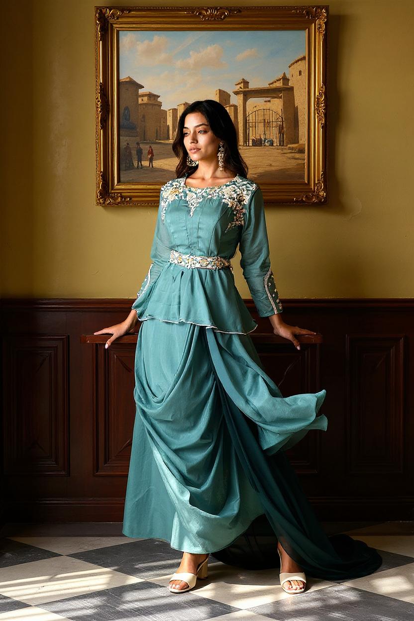 Aqua Blue Embellished Viscose Silk Skirt Set