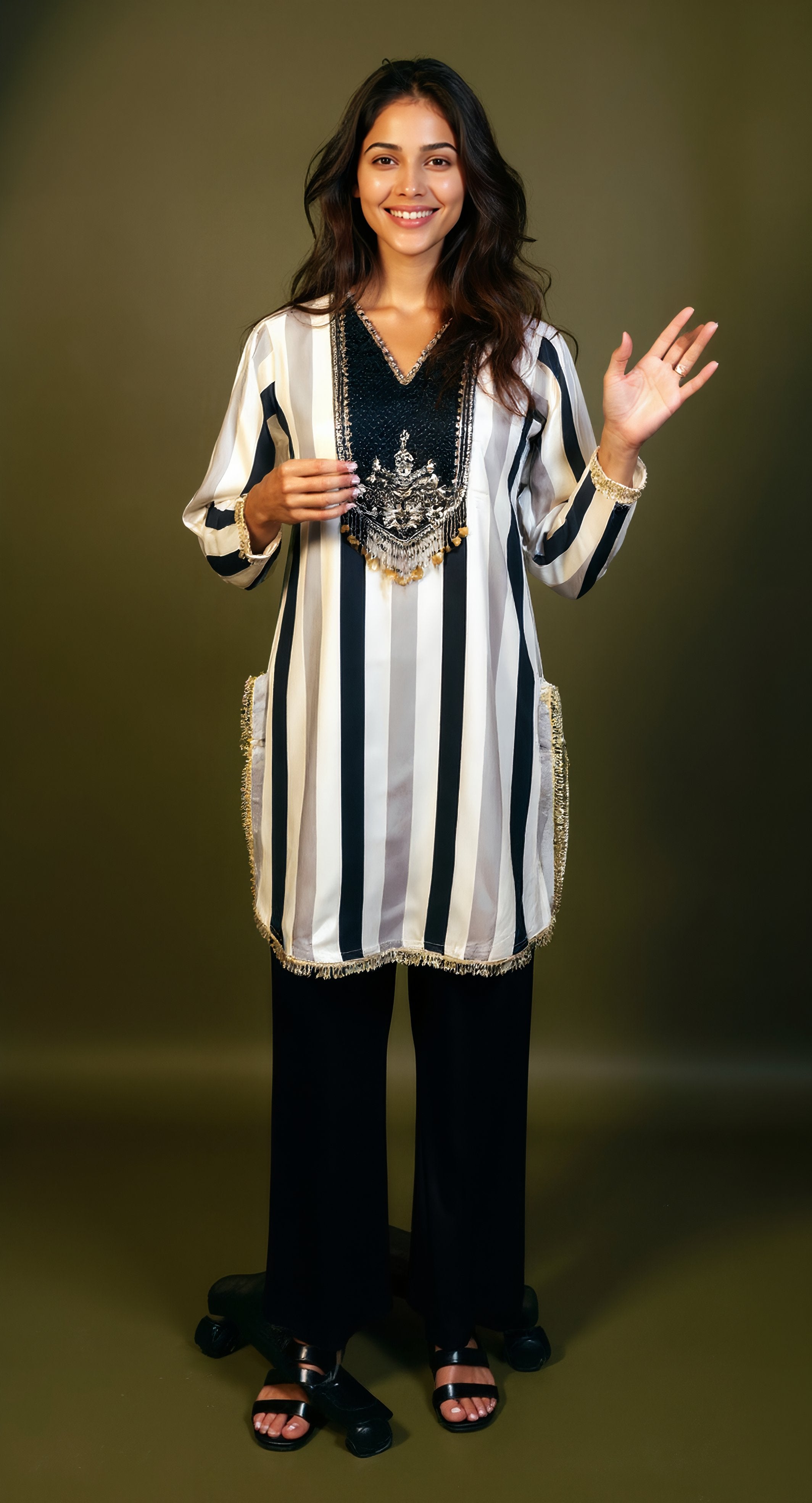 Black Embellished Chinon Silk Kurta Set