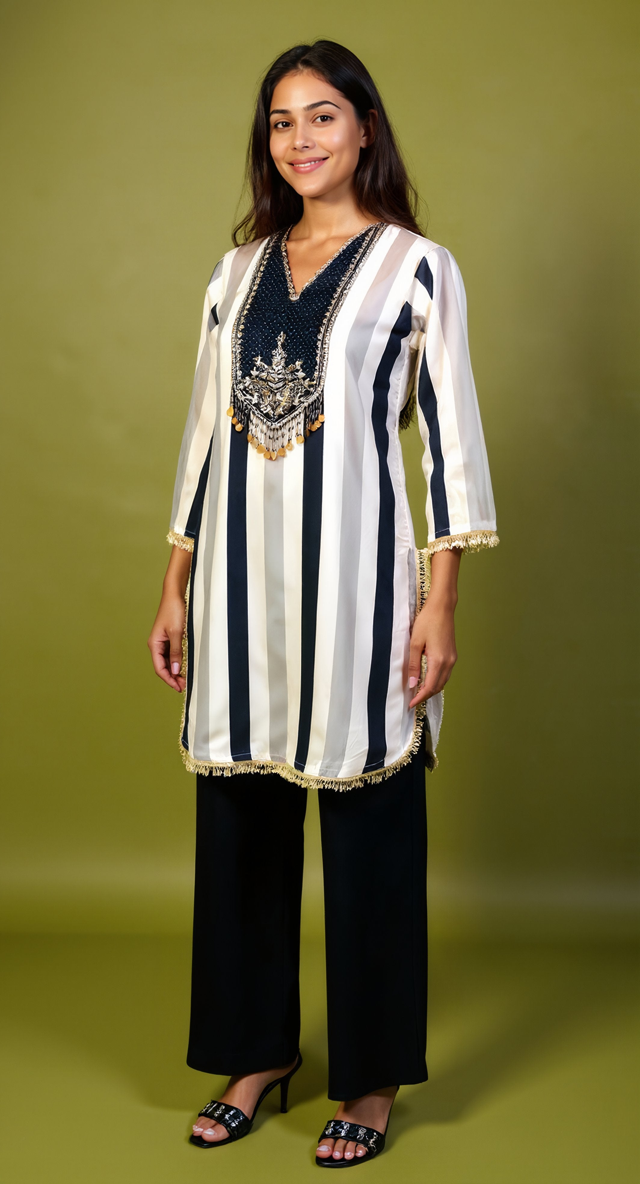 Black Embellished Chinon Silk Kurta Set