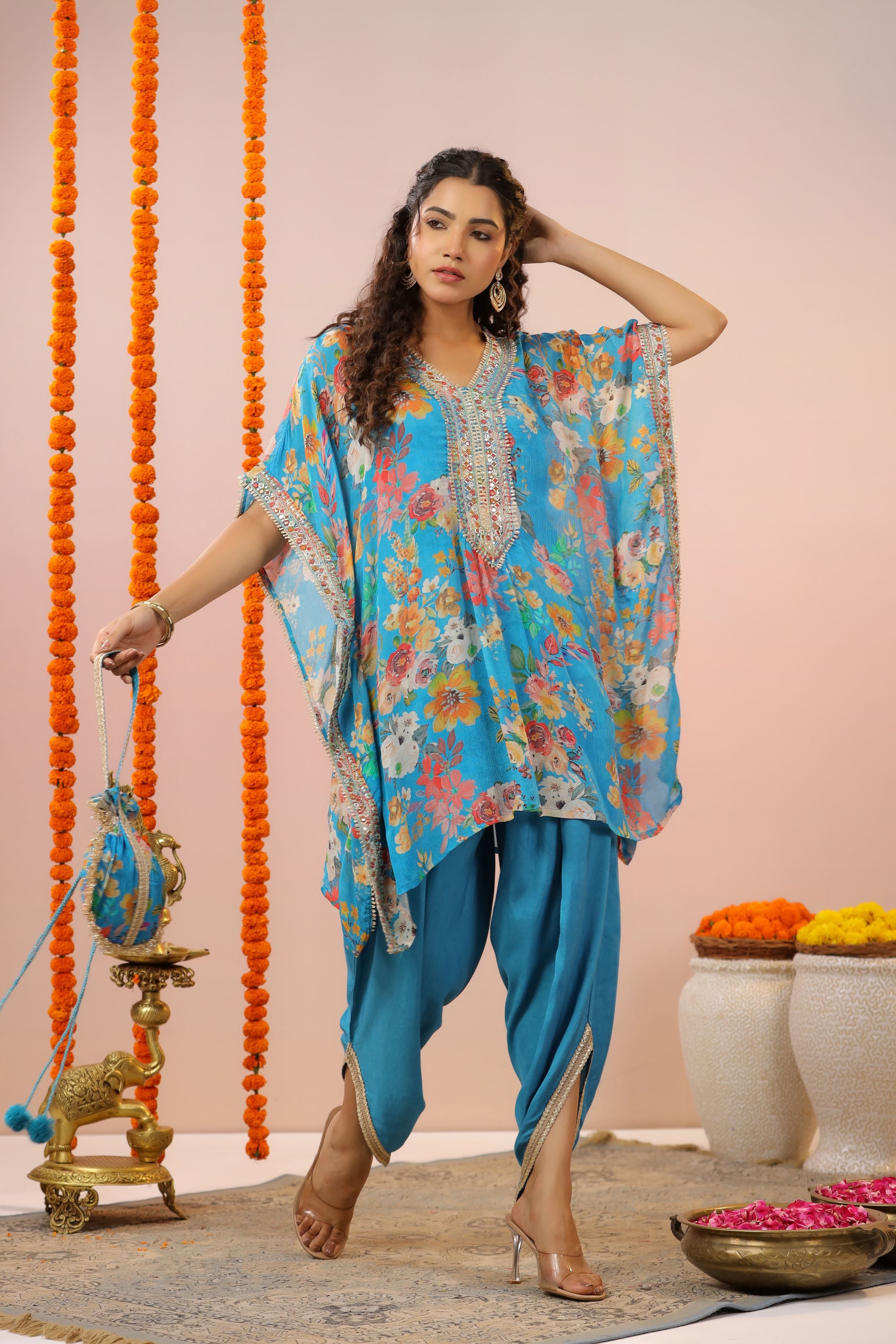 Blue Floral Printed Chinon Silk Kaftan Set