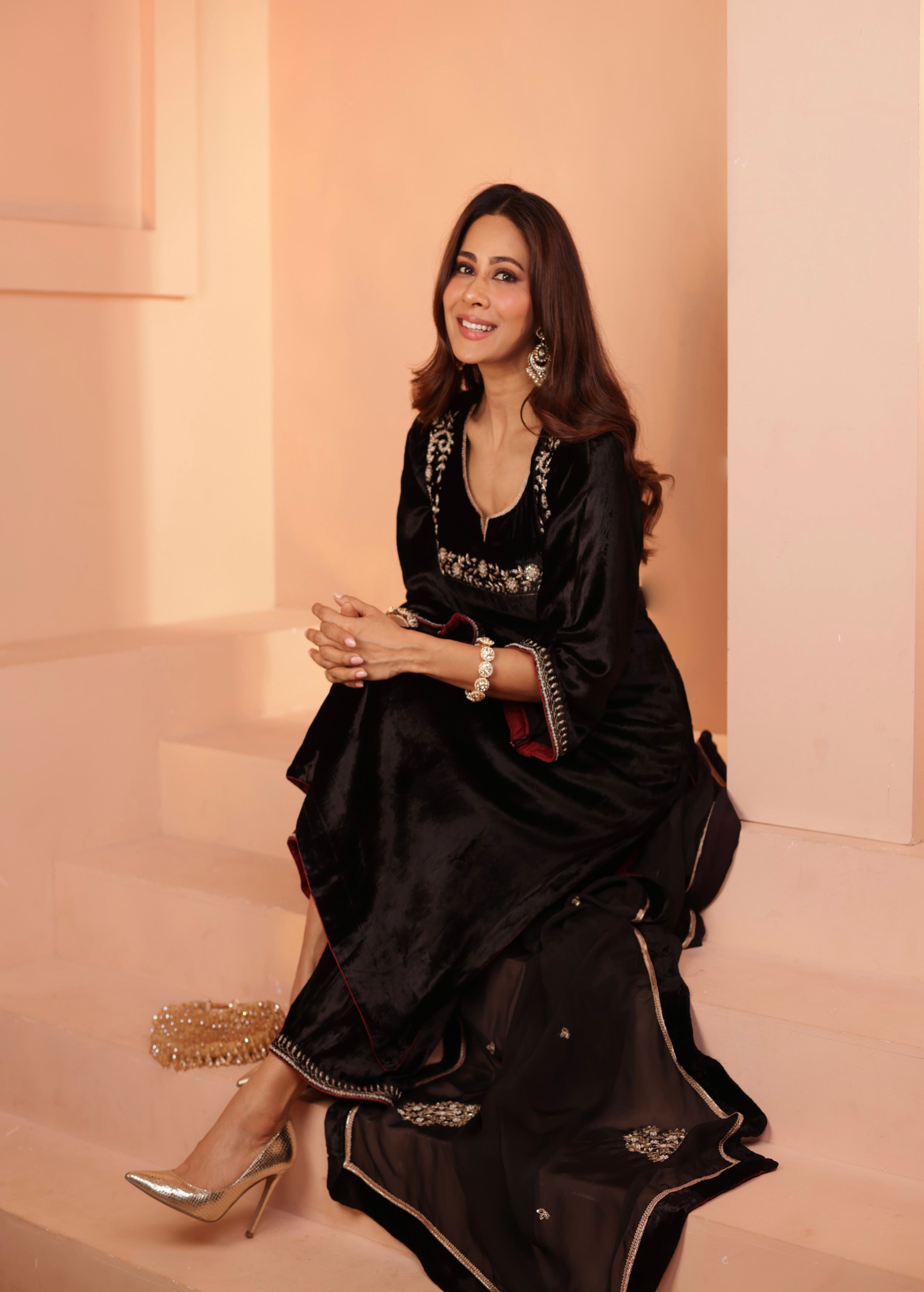 Jet Black Embellished Premium Velvet Pant Set